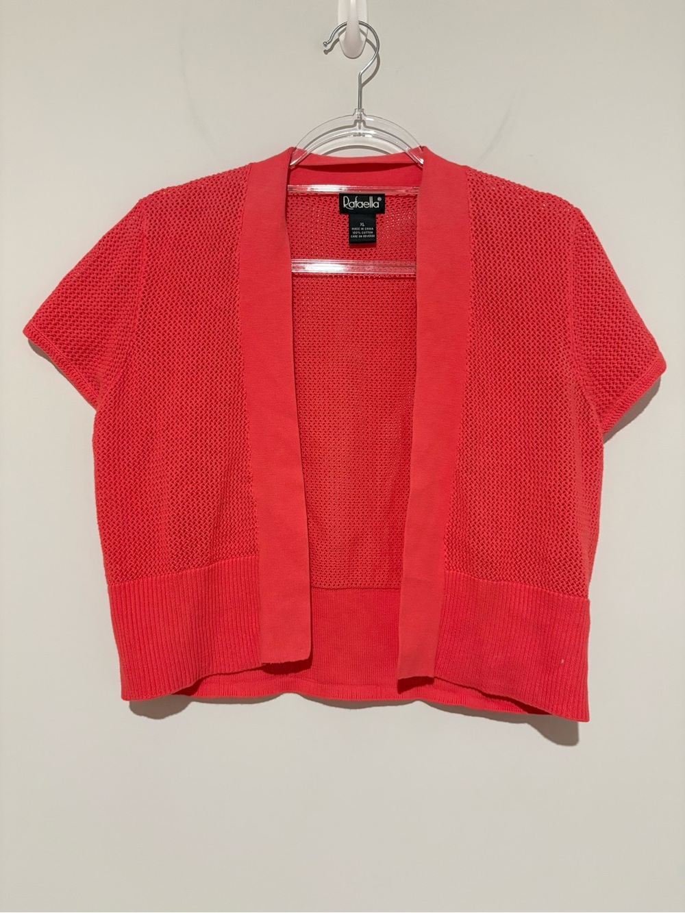 Rafaella crochet open knit short sleeve shawl cardigan coral pink size XL